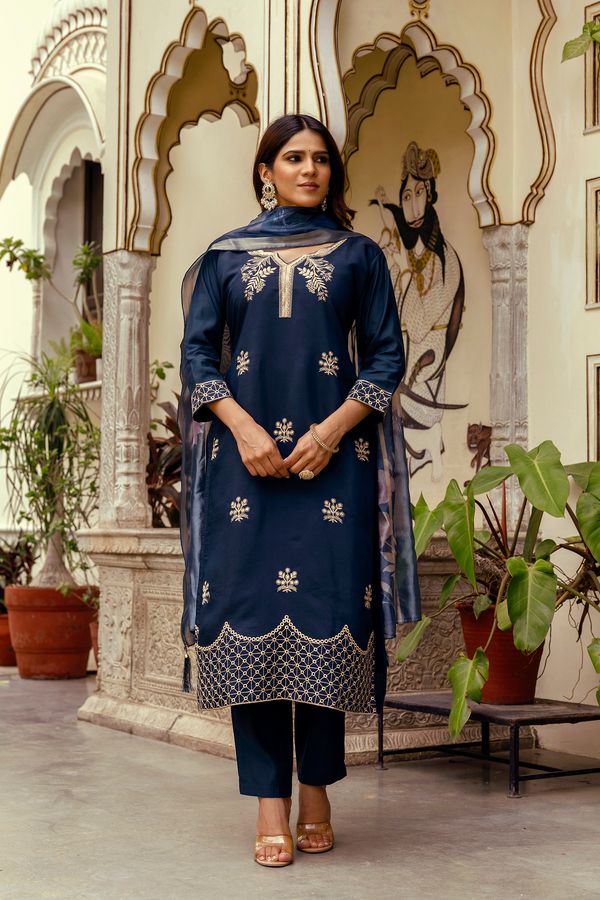 Navy Blue Embroidered Chanderi Kurti Pant Dupatta