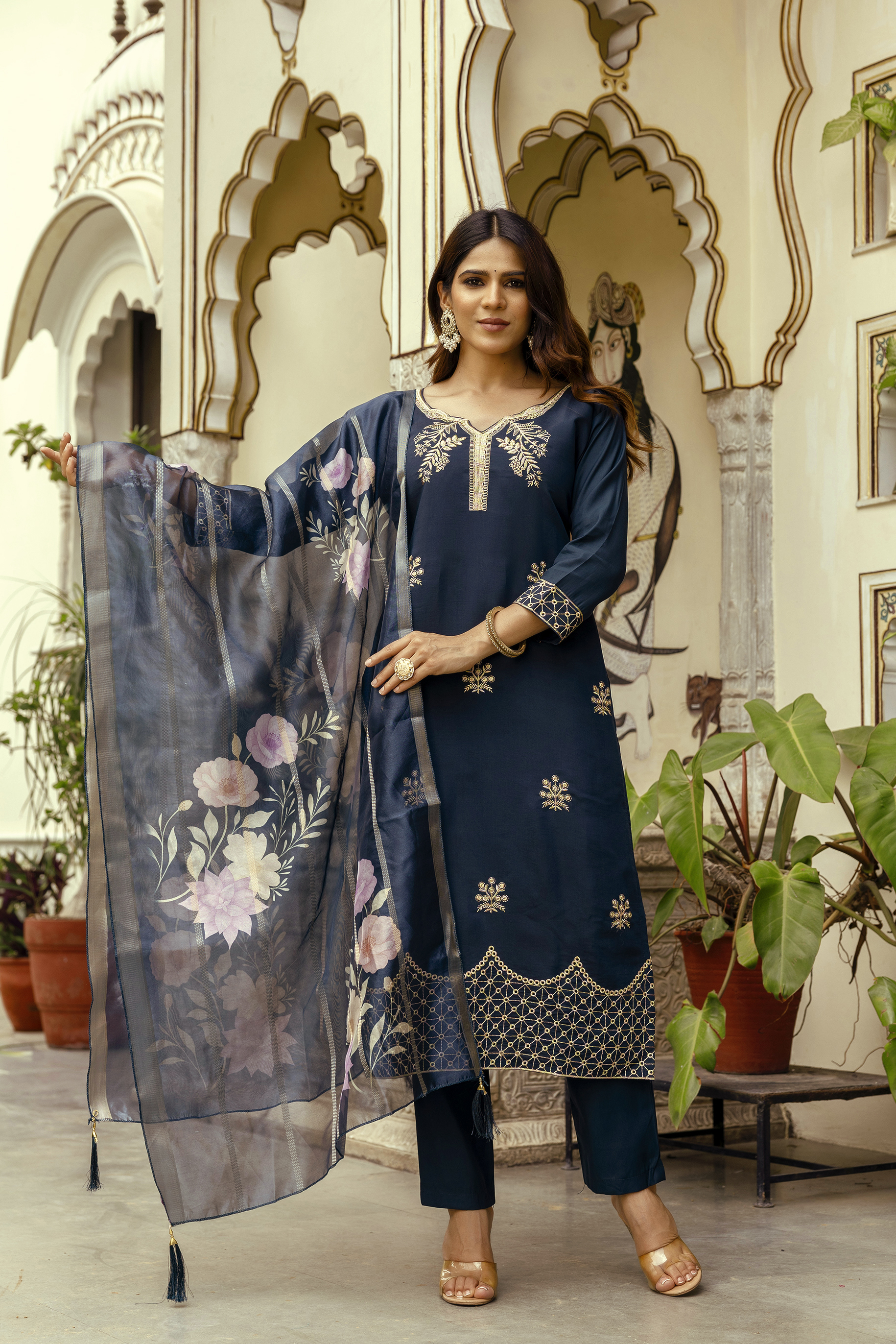 Navy Blue Embroidered Chanderi Kurti Pant Dupatta
