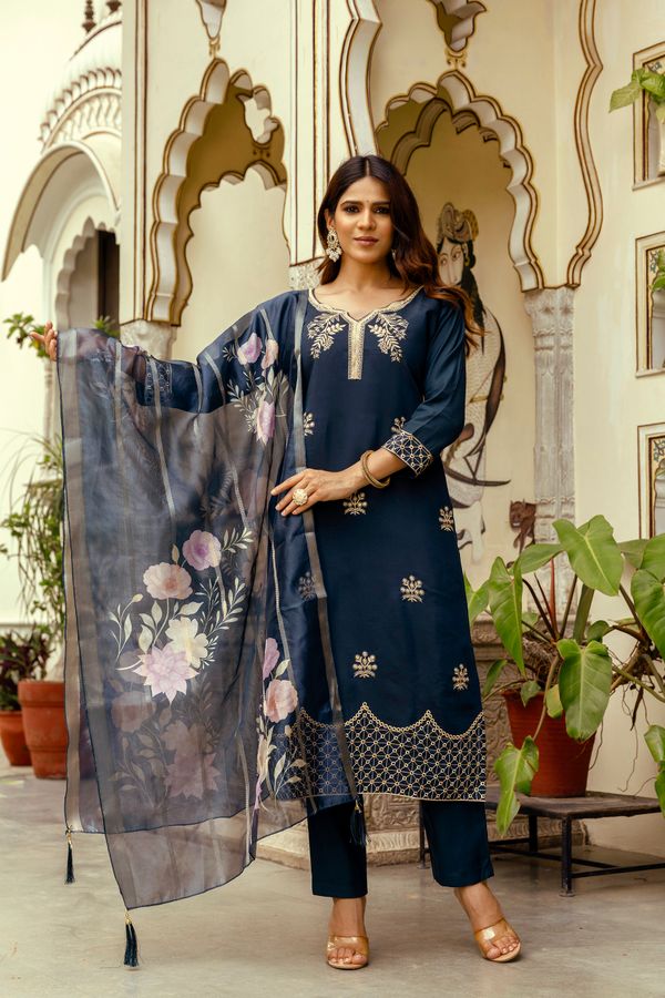 Navy Blue Embroidered Chanderi Kurti Pant Dupatta