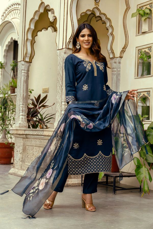 Navy Blue Embroidered Chanderi Kurti Pant Dupatta