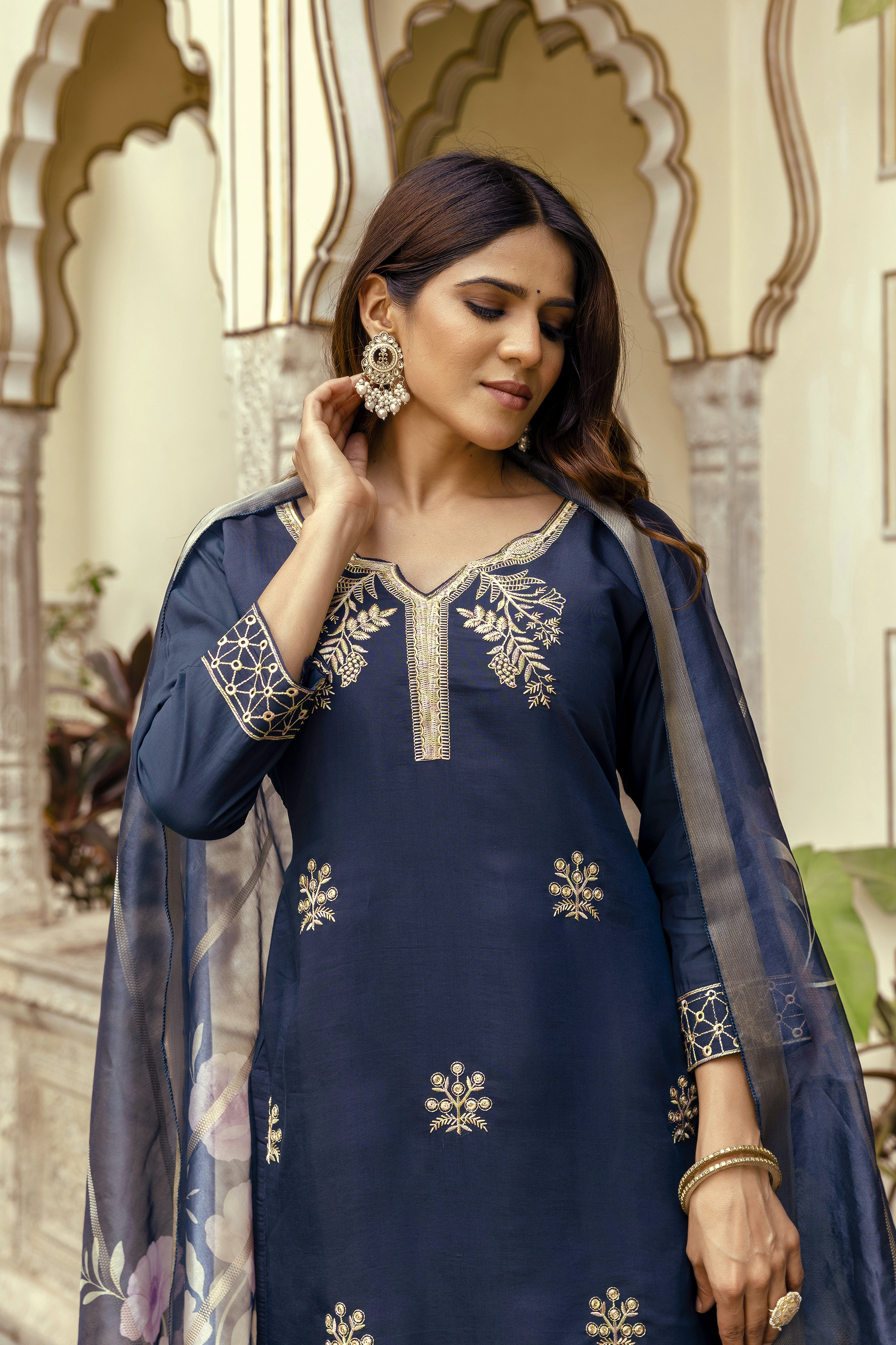 Navy Blue Embroidered Chanderi Kurti Pant Dupatta