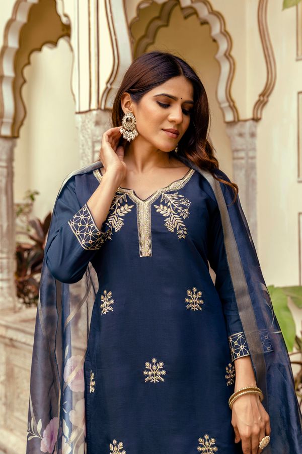 Navy Blue Embroidered Chanderi Kurti Pant Dupatta