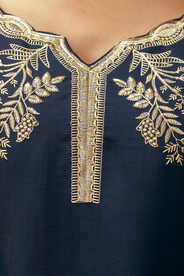 Navy Blue Embroidered Chanderi Kurti Pant Dupatta