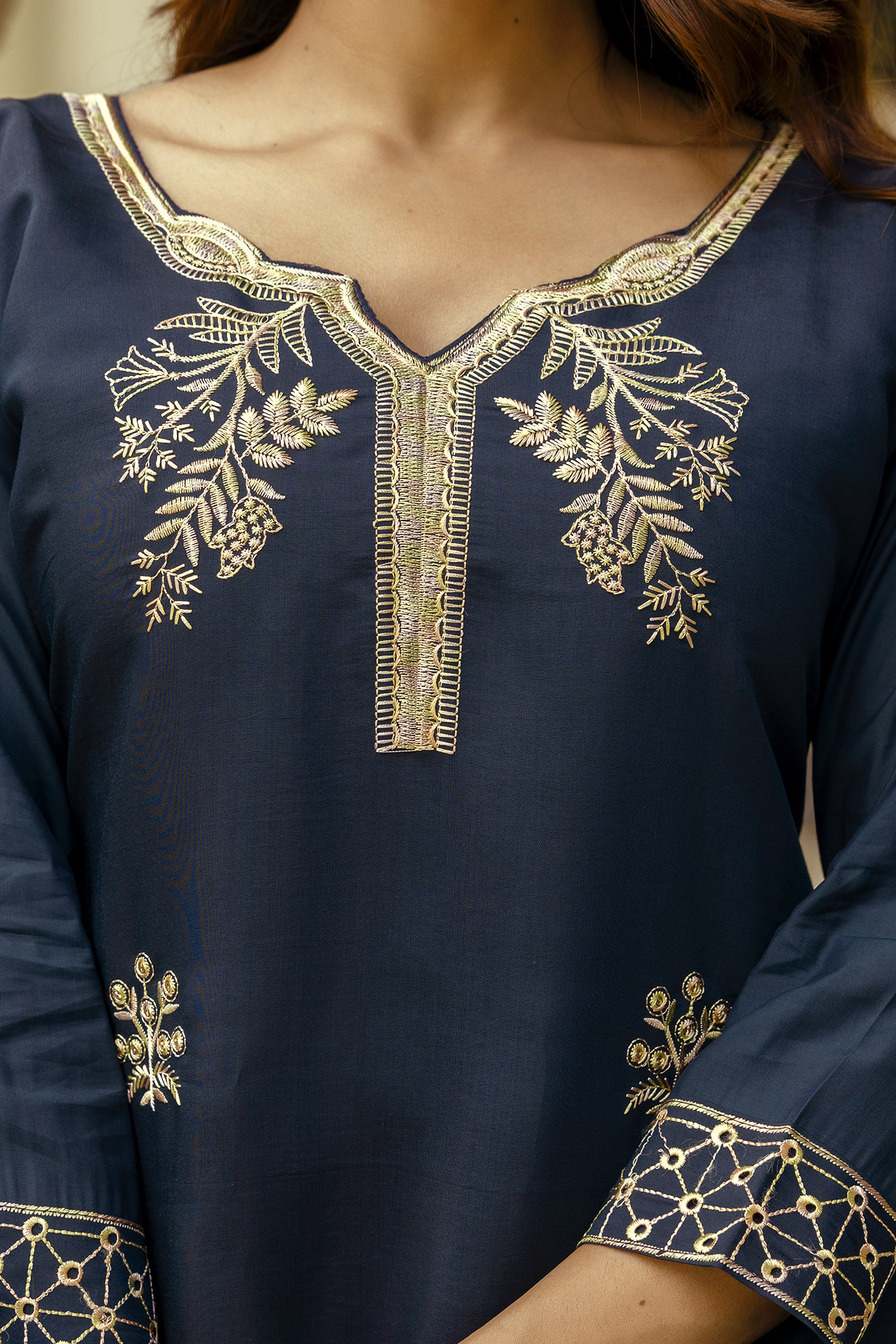Navy Blue Embroidered Chanderi Kurti Pant Dupatta