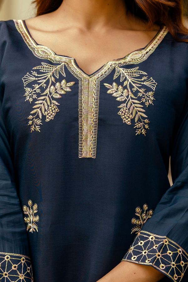 Navy Blue Embroidered Chanderi Kurti Pant Dupatta
