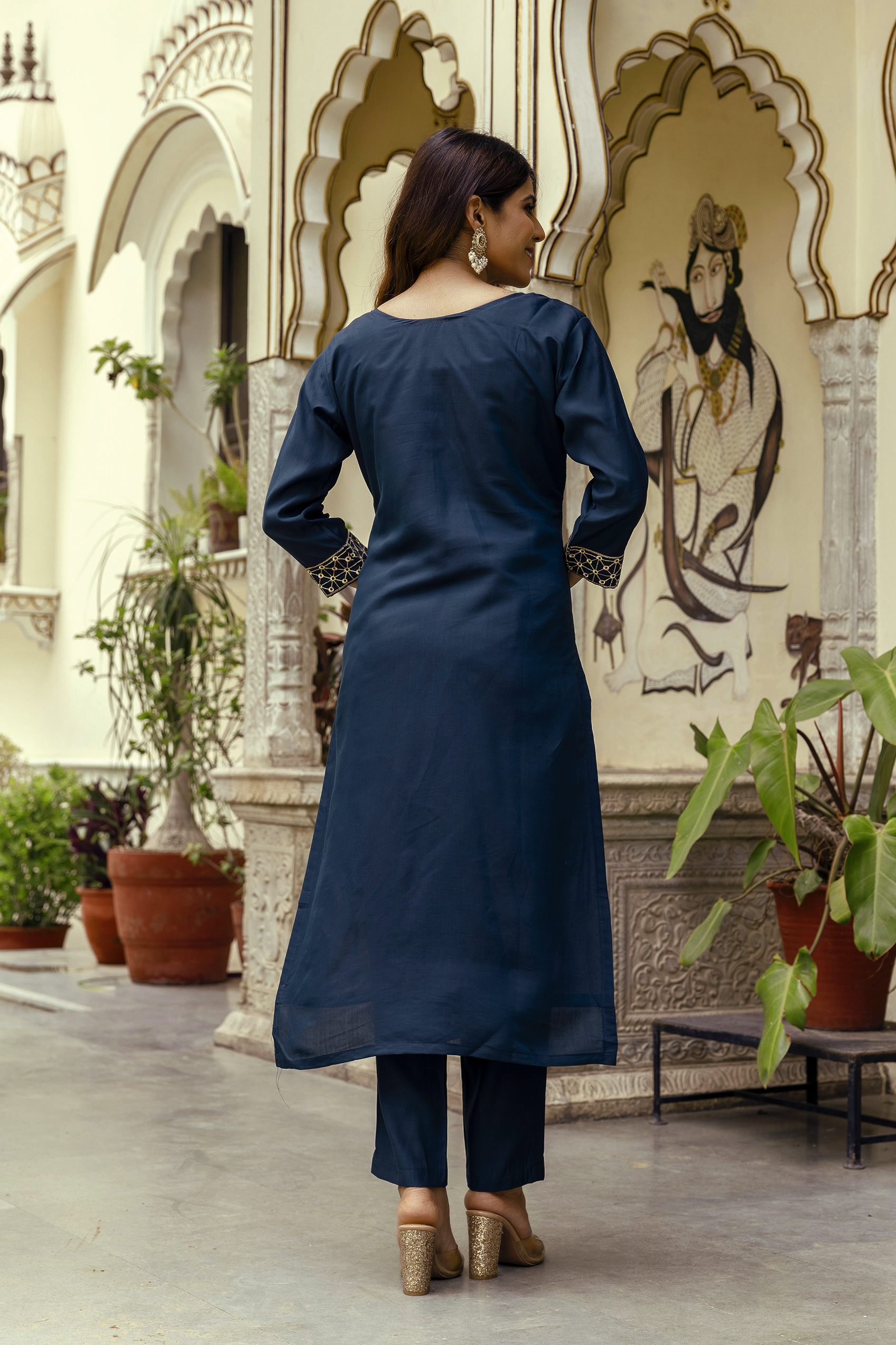 Navy Blue Embroidered Chanderi Kurti Pant Dupatta