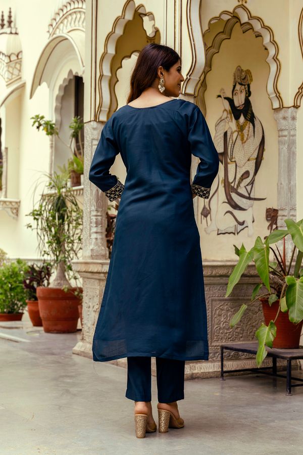 Navy Blue Embroidered Chanderi Kurti Pant Dupatta