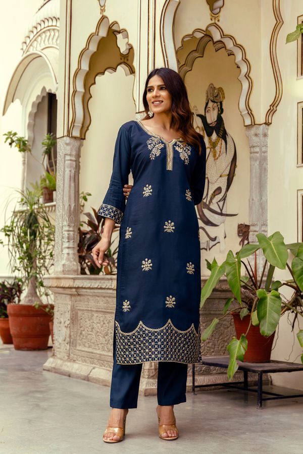 Navy Blue Embroidered Chanderi Kurti Pant Dupatta