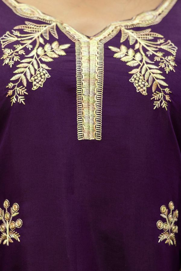 Wine Embroidered Chanderi Kurti Pant Dupatta Set