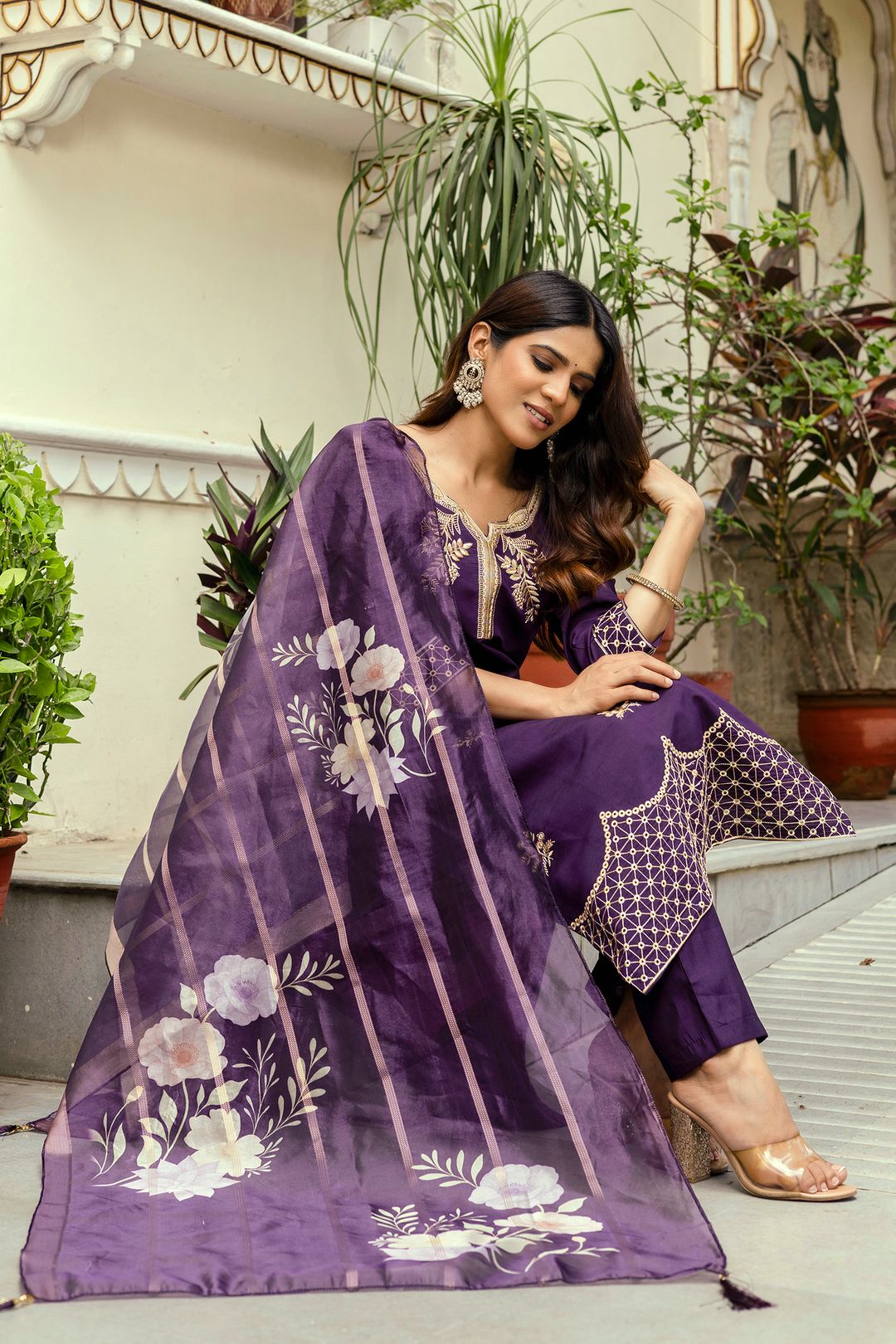 Wine Embroidered Chanderi Kurti Pant Dupatta Set