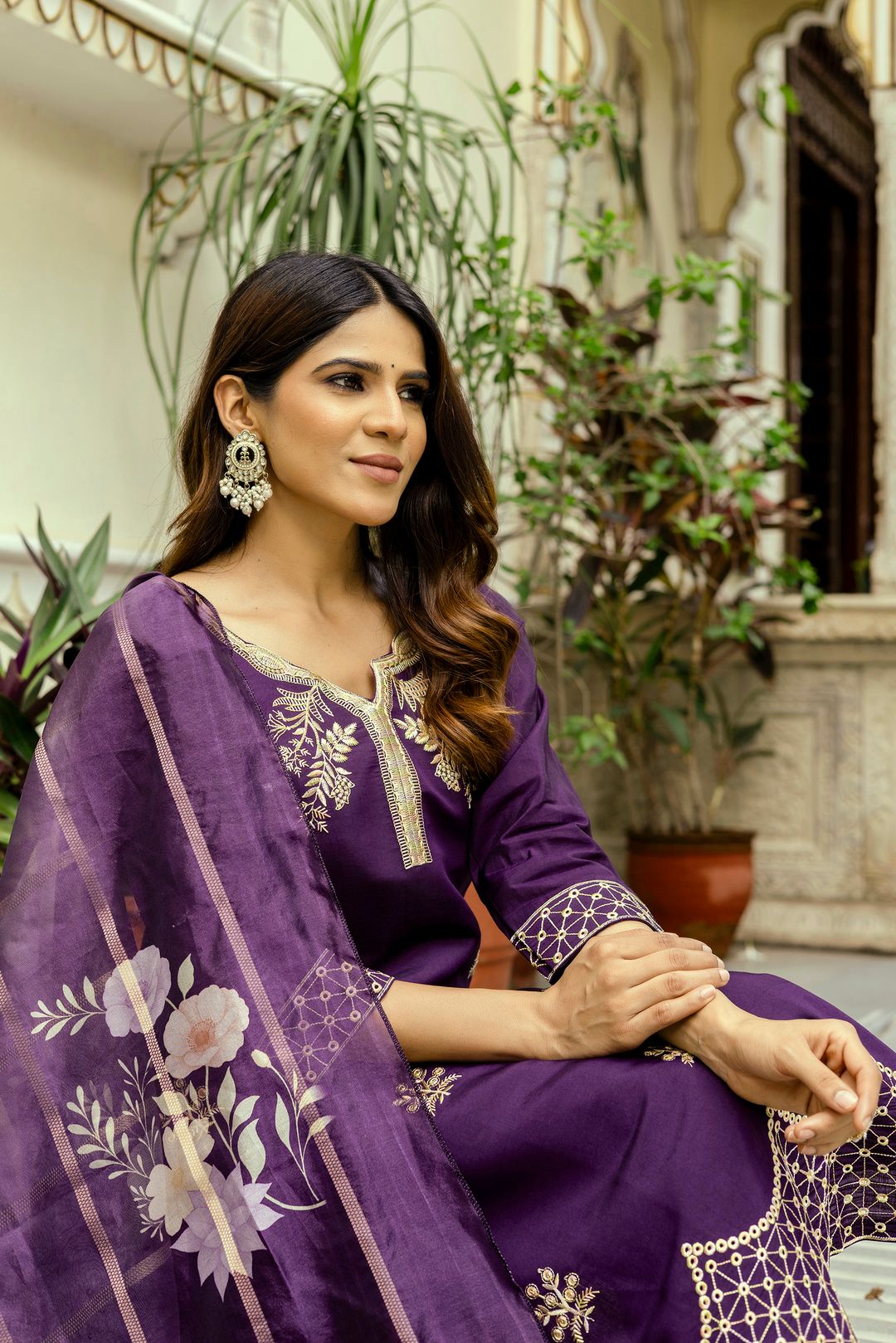 Wine Embroidered Chanderi Kurti Pant Dupatta Set