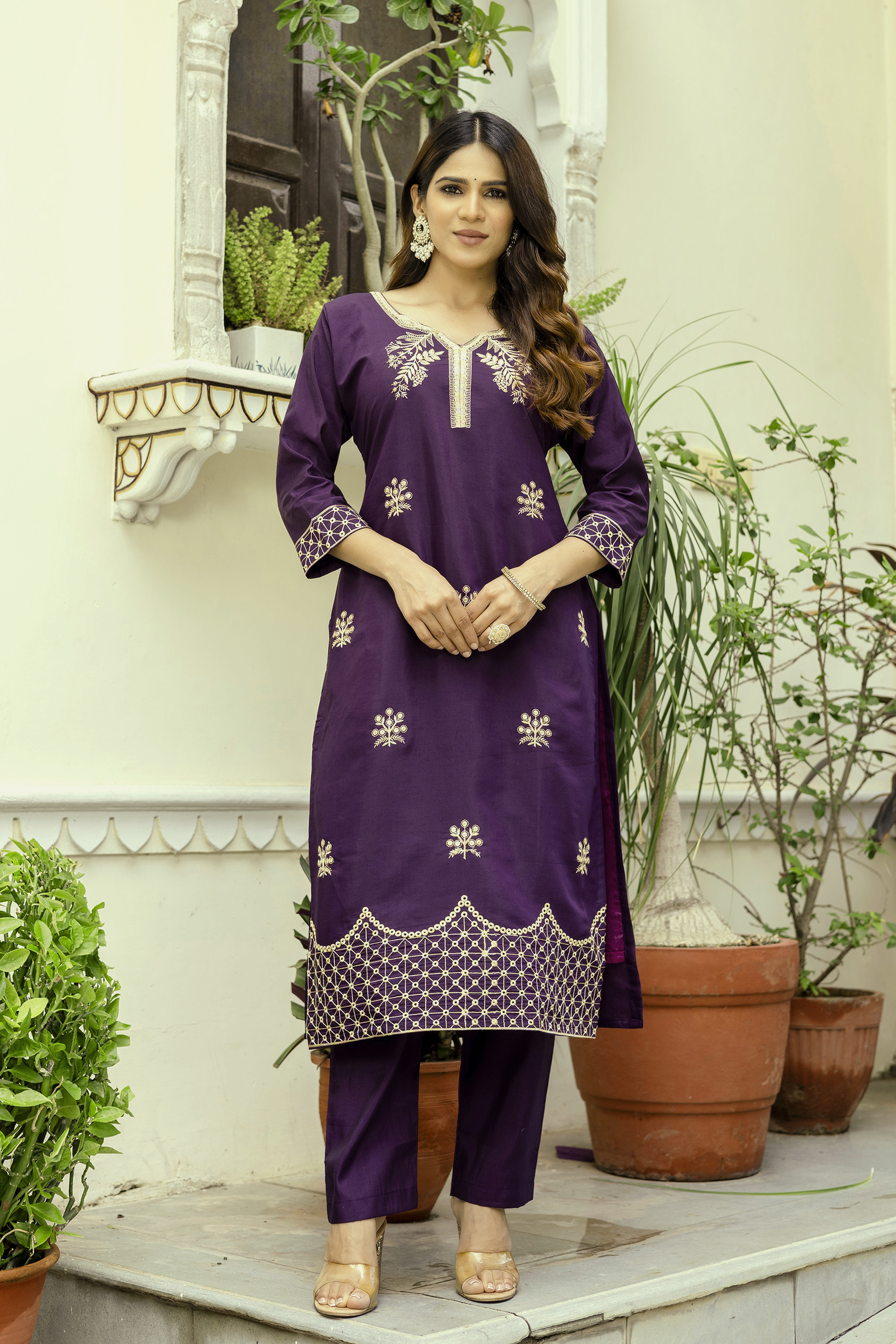 Wine Embroidered Chanderi Kurti Pant Dupatta Set
