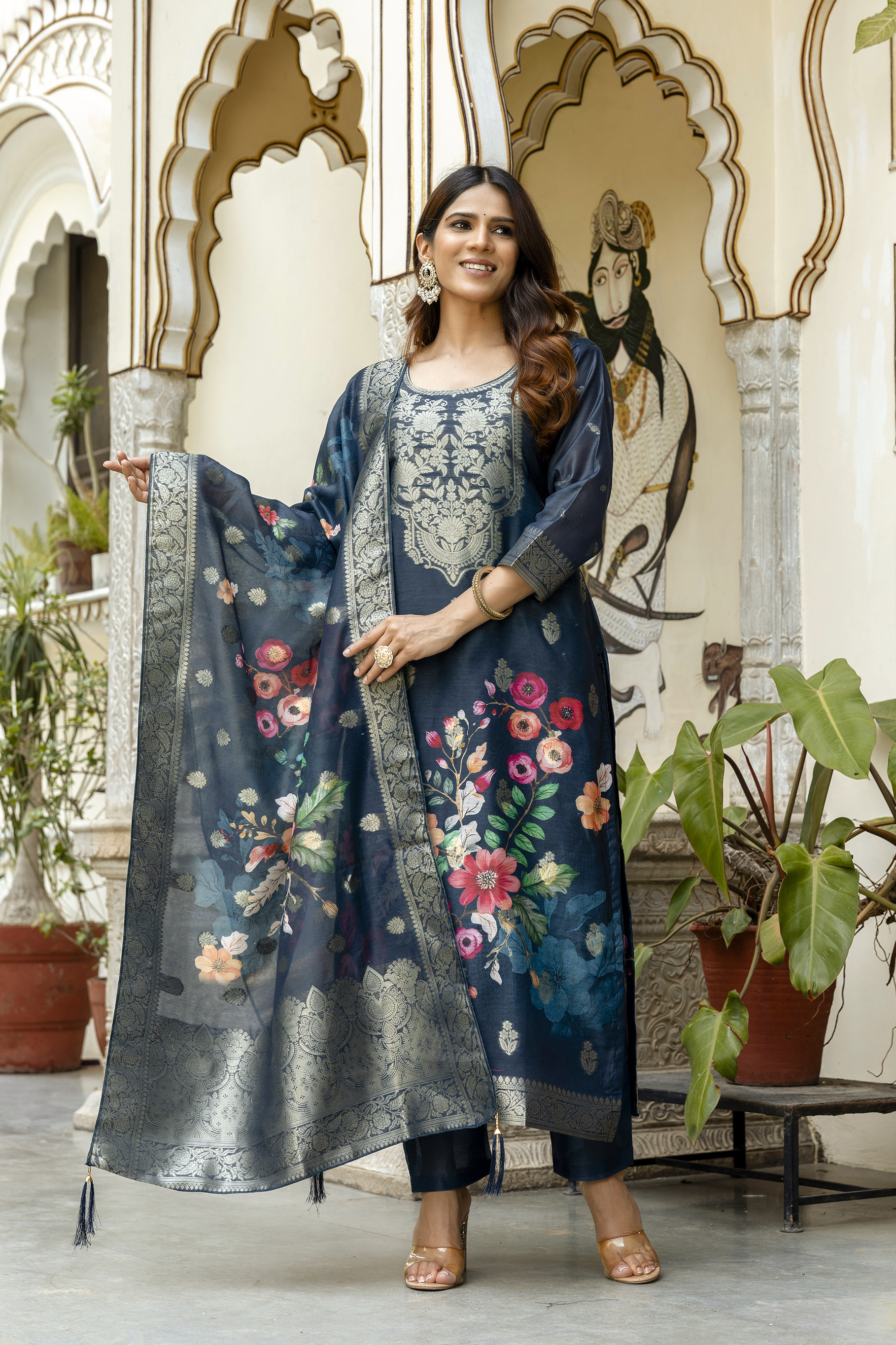 Navy Floral Woven Chanderi Kurti Pant Dupatta Set
