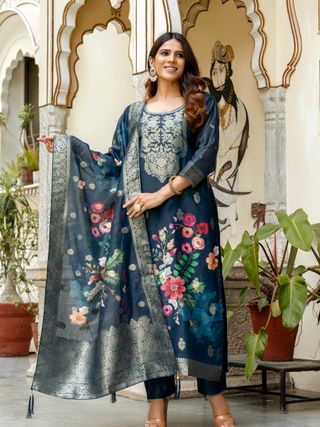 Navy Floral Woven Chanderi Kurti Pant Dupatta Set