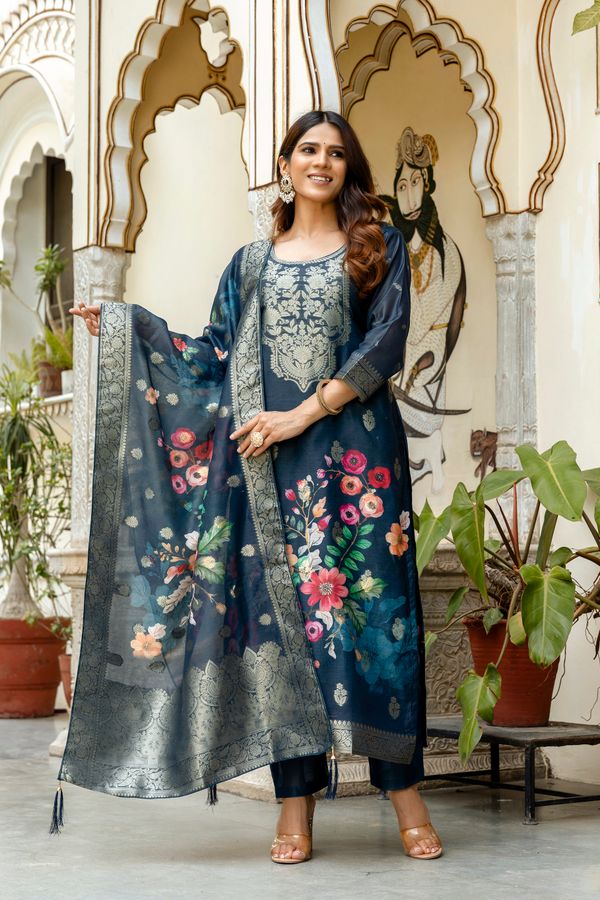 Navy Floral Woven Chanderi Kurti Pant Dupatta Set