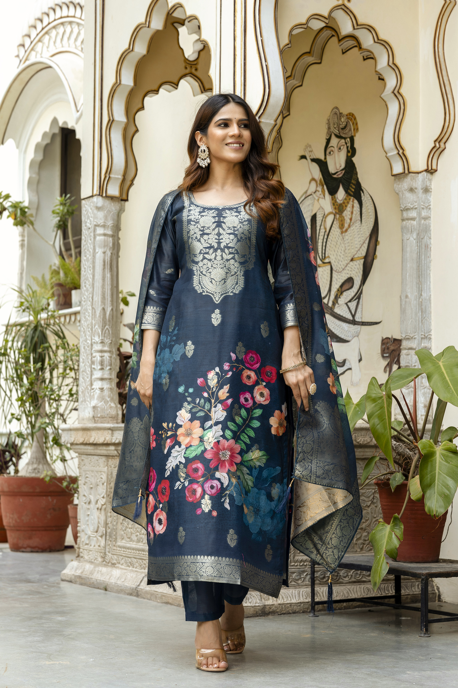 Navy Floral Woven Chanderi Kurti Pant Dupatta Set