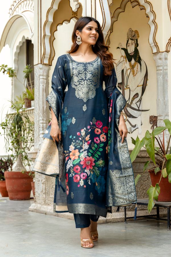 Navy Floral Woven Chanderi Kurti Pant Dupatta Set
