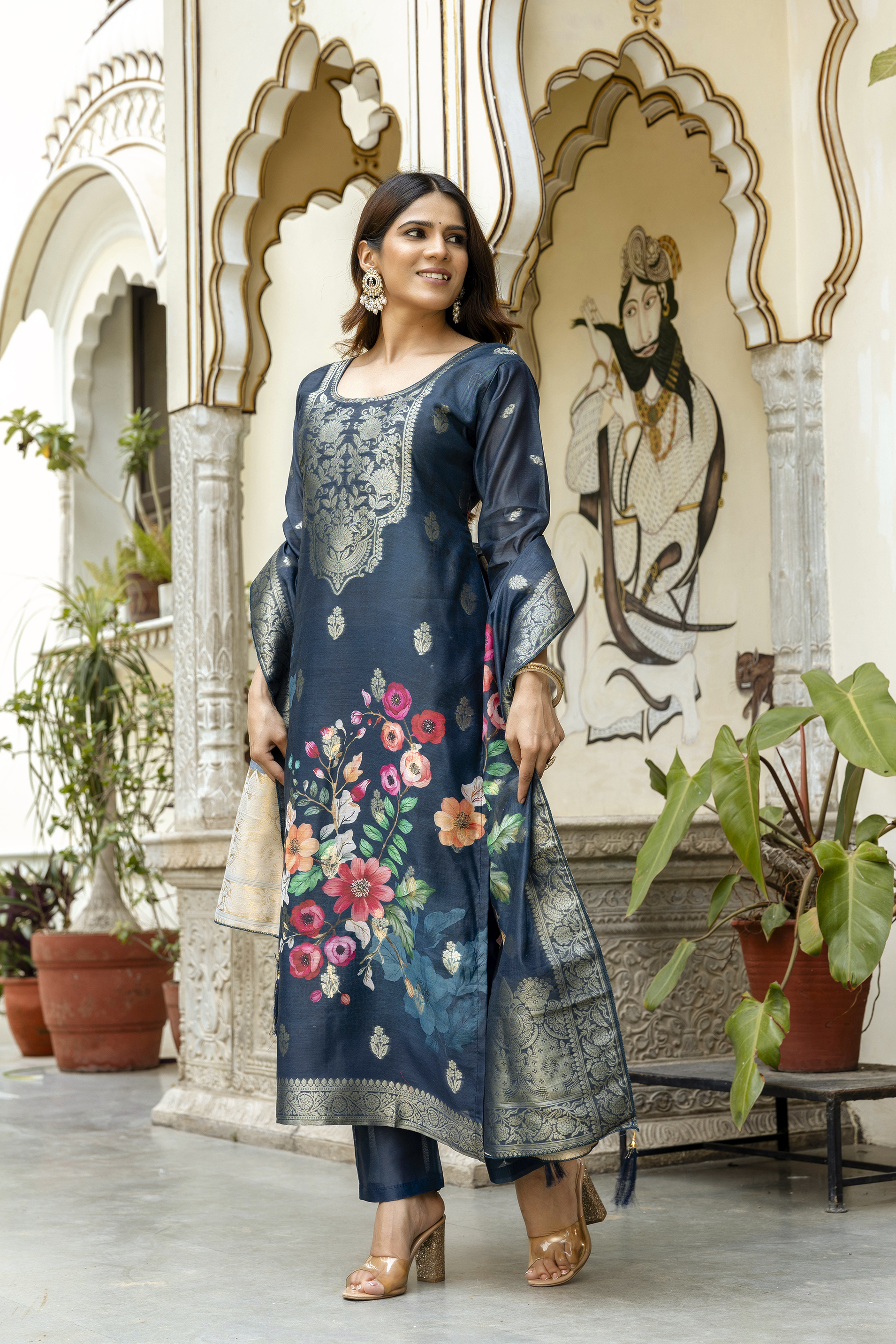 Navy Floral Woven Chanderi Kurti Pant Dupatta Set