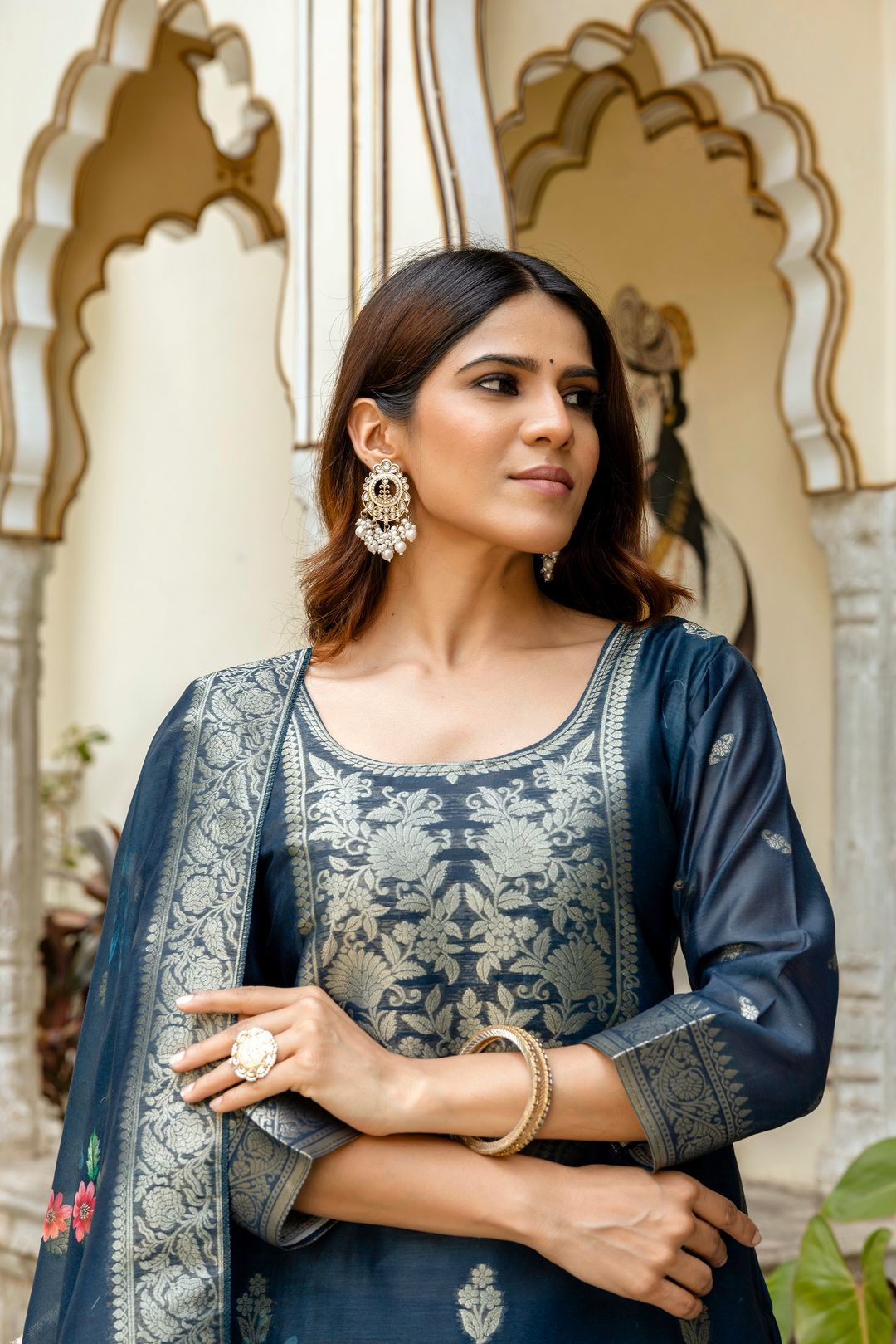 Navy Floral Woven Chanderi Kurti Pant Dupatta Set