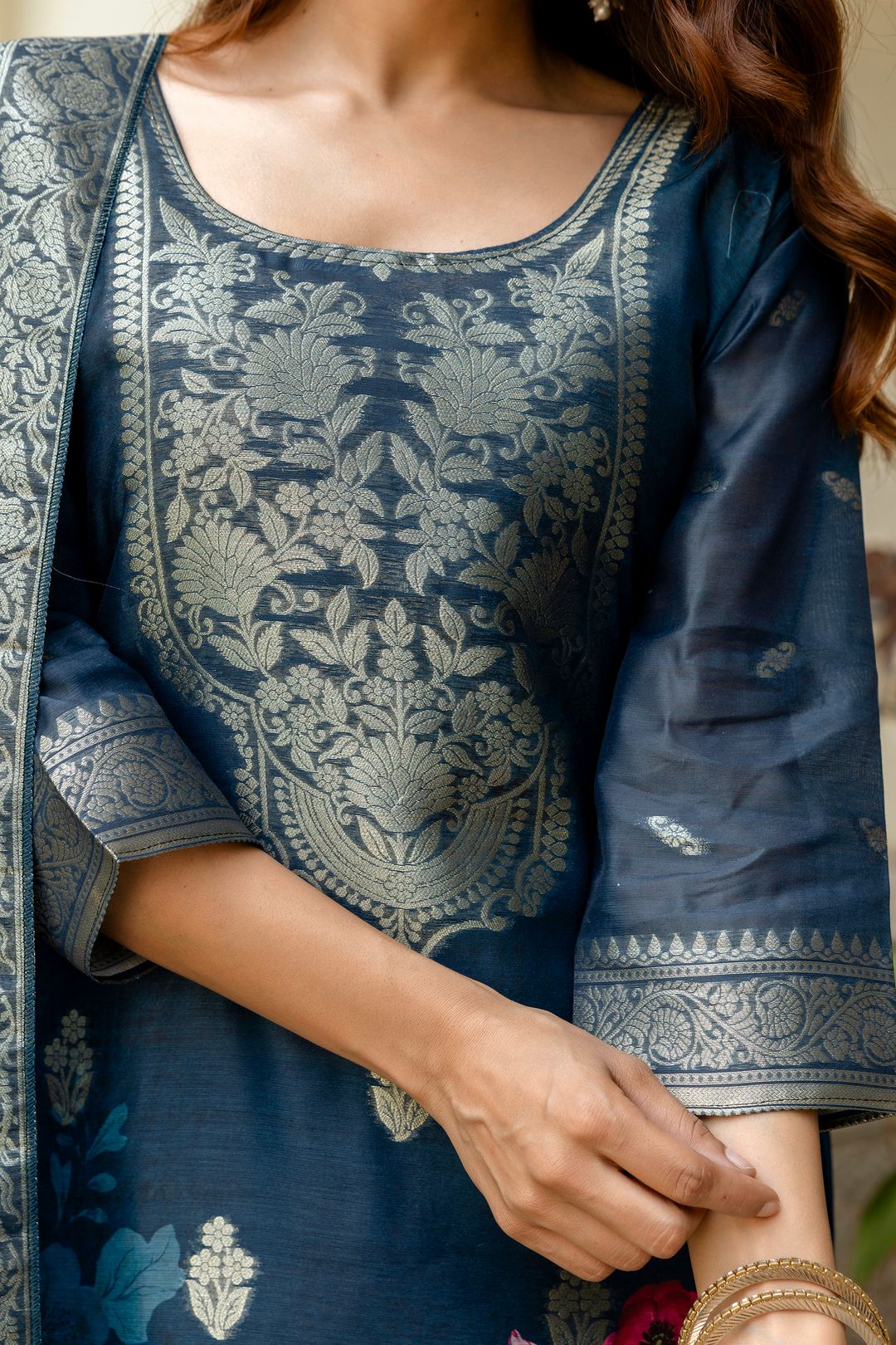 Navy Floral Woven Chanderi Kurti Pant Dupatta Set