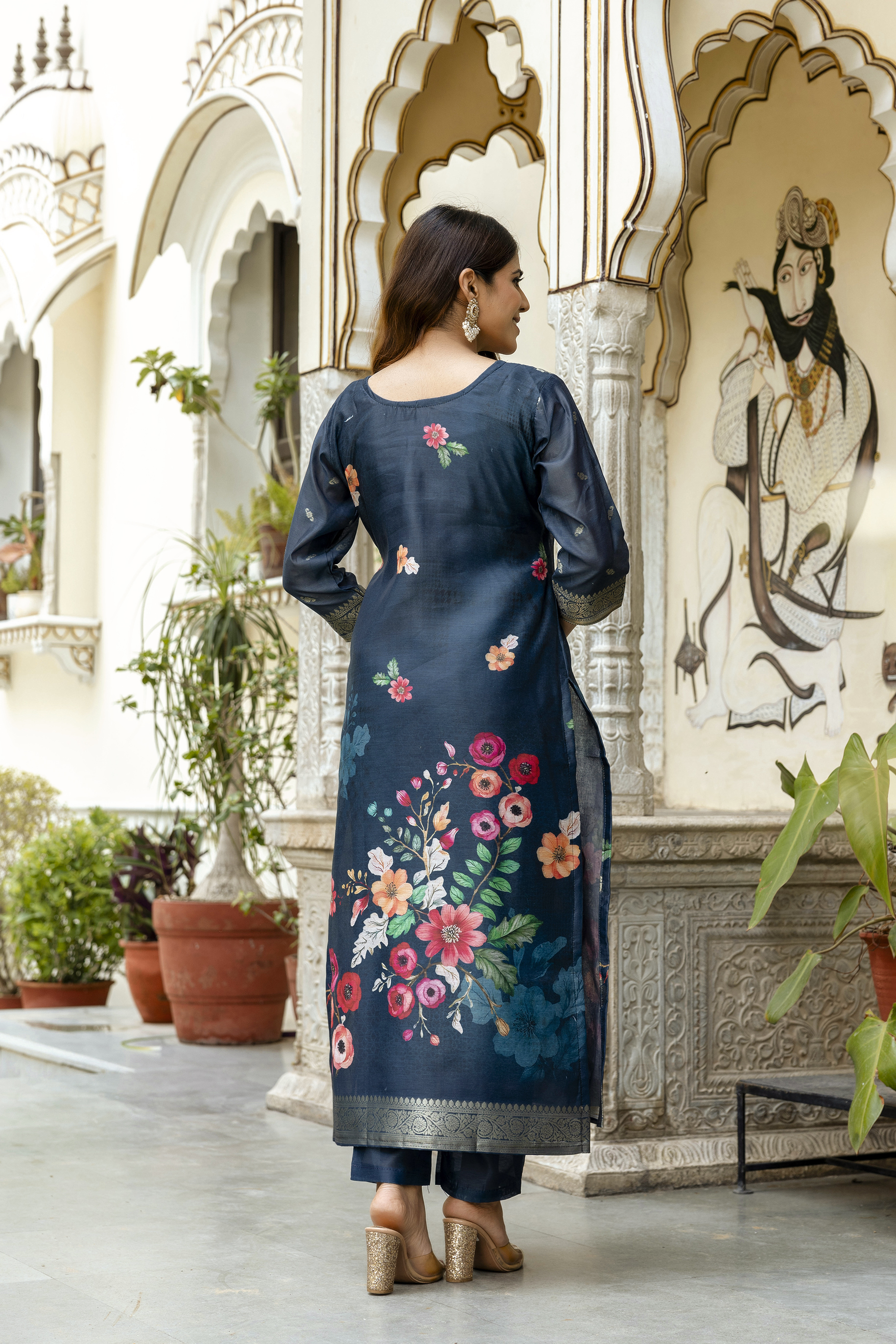 Navy Floral Woven Chanderi Kurti Pant Dupatta Set