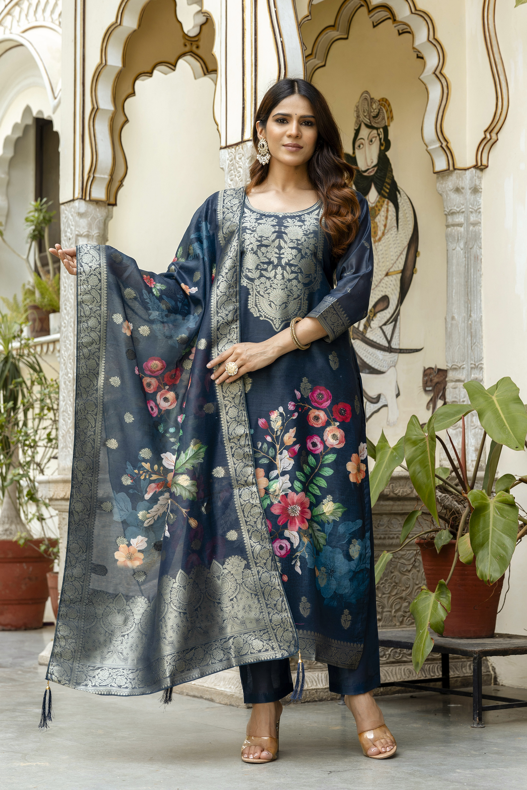 Navy Floral Woven Chanderi Kurti Pant Dupatta Set