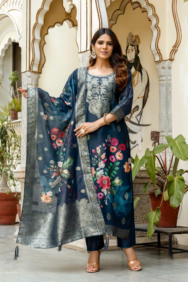Navy Floral Woven Chanderi Kurti Pant Dupatta Set