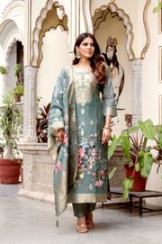 Sage Green Floral Woven Chanderi Kurti Set Women - Gray / Grey