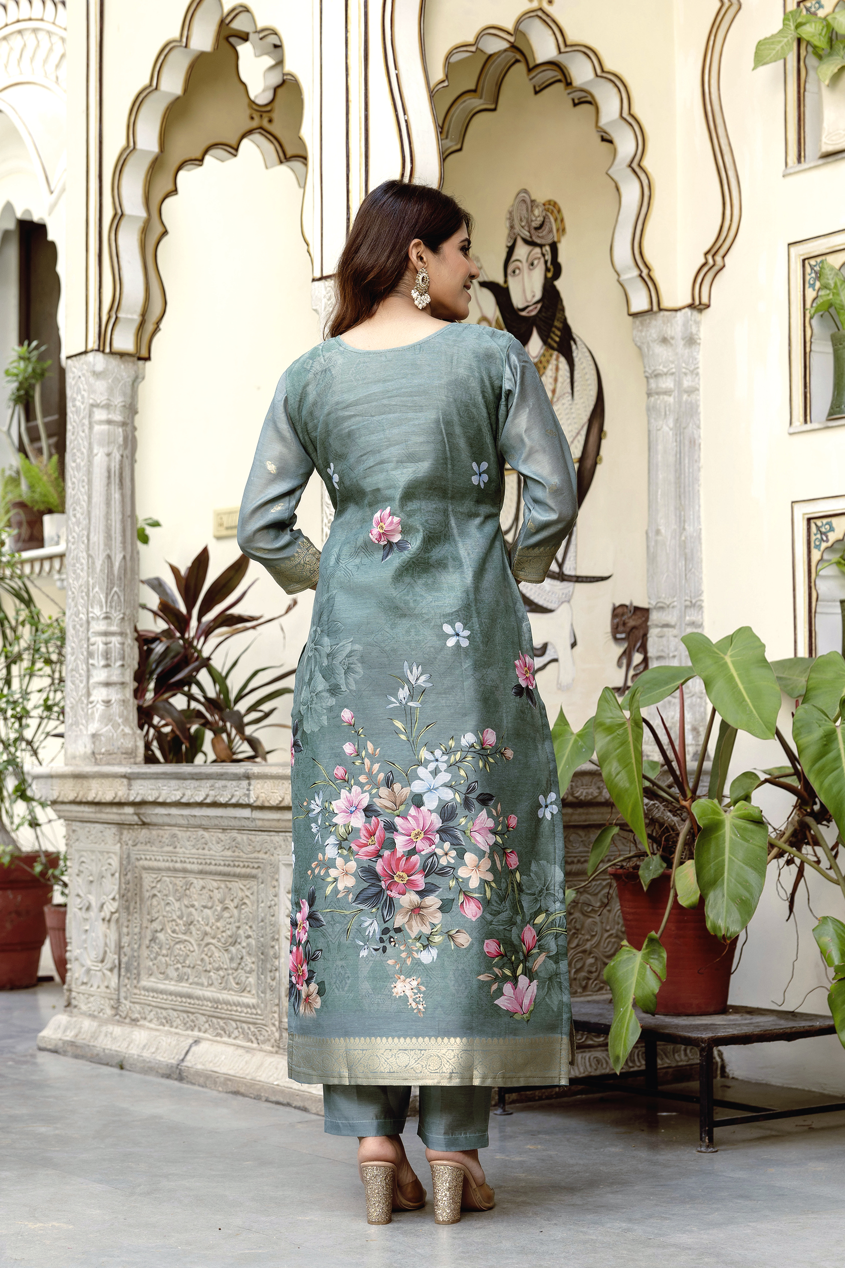 Sage Green Floral Woven Chanderi Kurti Set Women