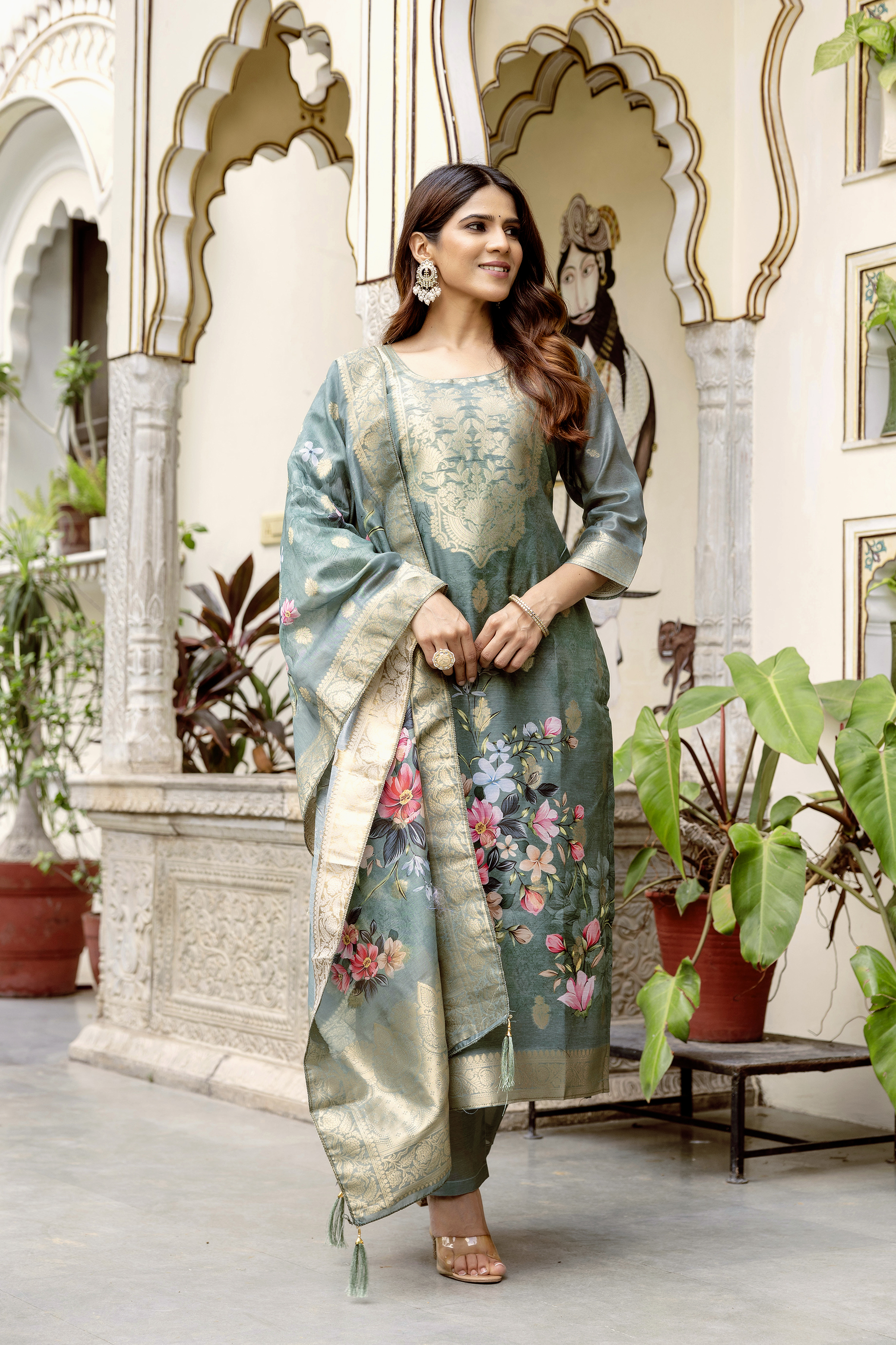 Sage Green Floral Woven Chanderi Kurti Set Women