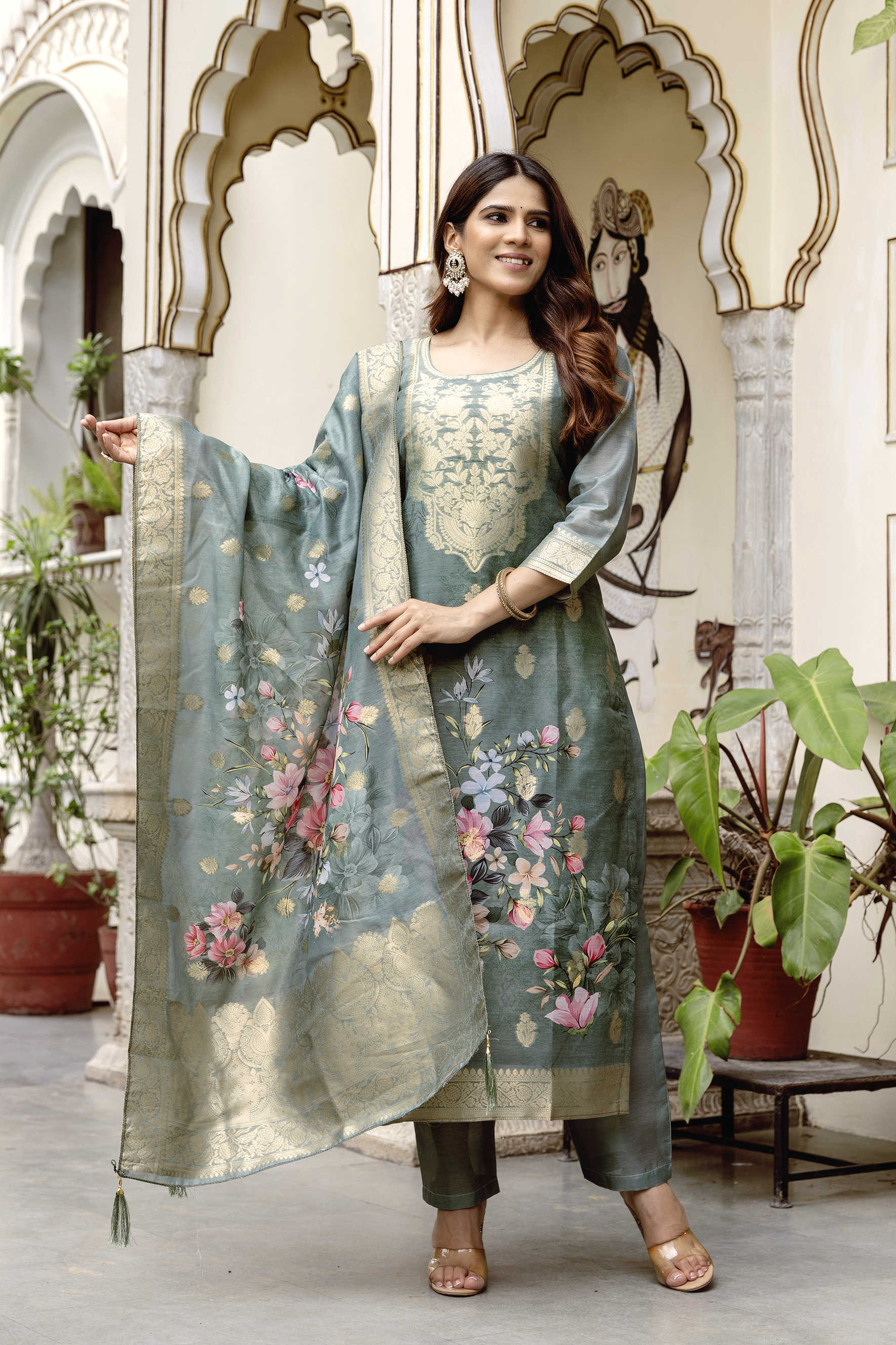 Sage Green Floral Woven Chanderi Kurti Set Women