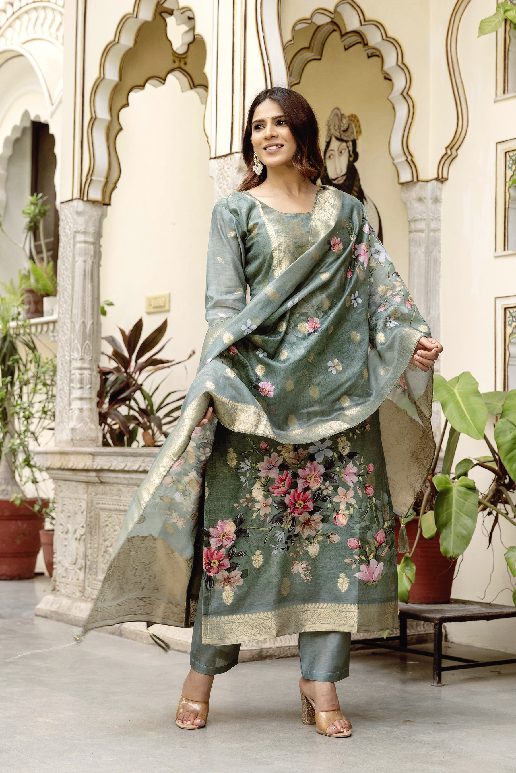 Sage Green Floral Woven Chanderi Kurti Set Women