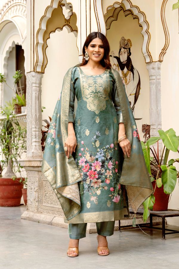 Sage Green Floral Woven Chanderi Kurti Set Women