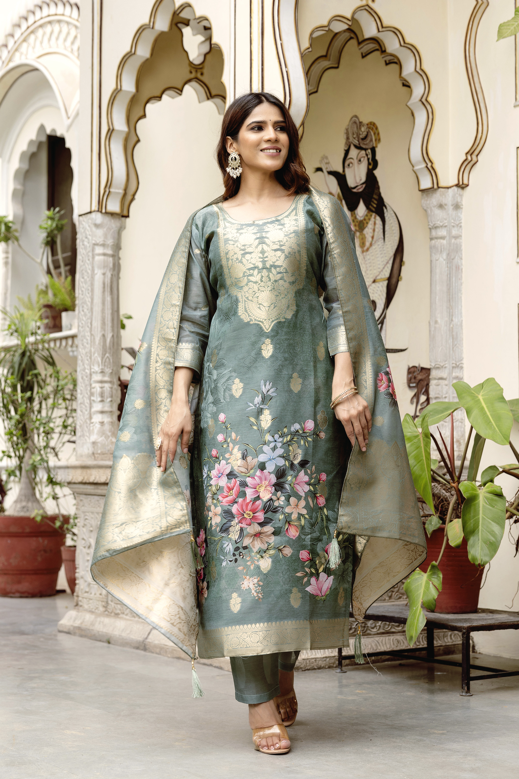 Sage Green Floral Woven Chanderi Kurti Set Women