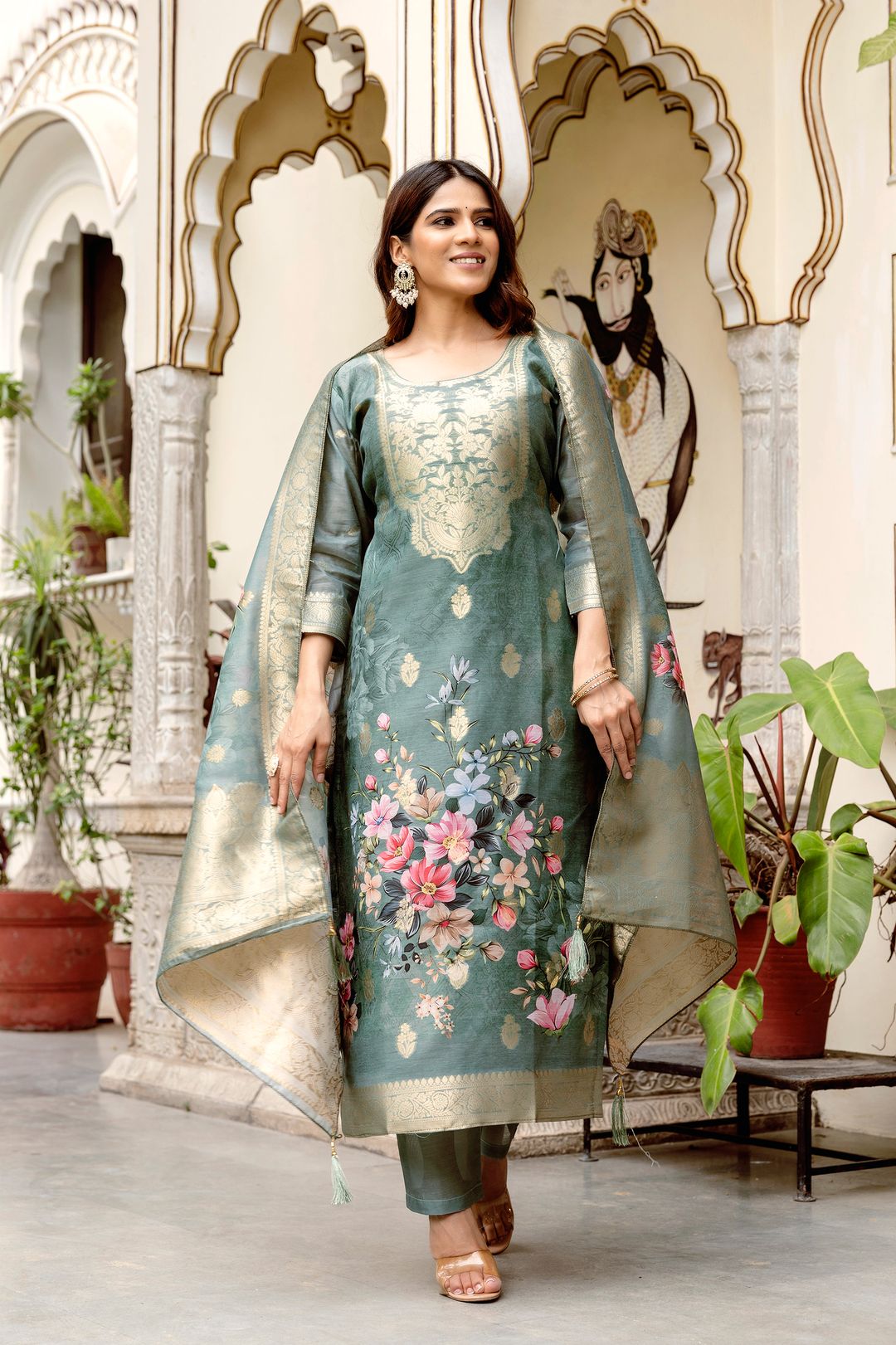 Sage Green Floral Woven Chanderi Kurti Set Women