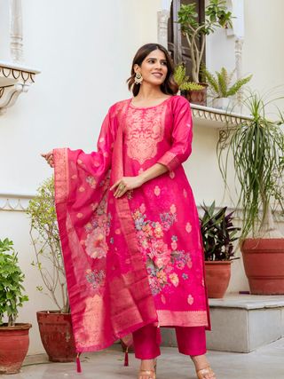 Rani Pink Floral Woven Chanderi Kurti Set Women