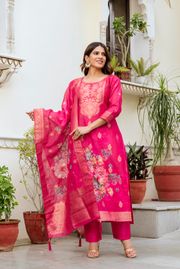 Rani Pink Floral Woven Chanderi Kurti Set Women - Pink