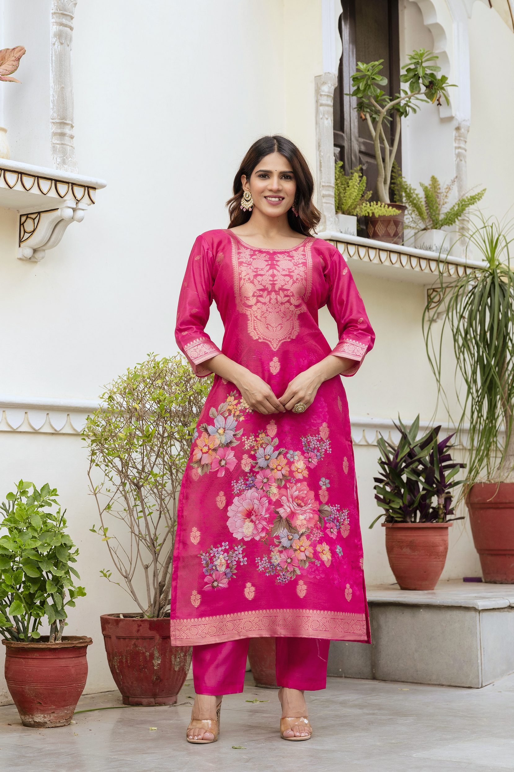Rani Pink Floral Woven Chanderi Kurti Set Women