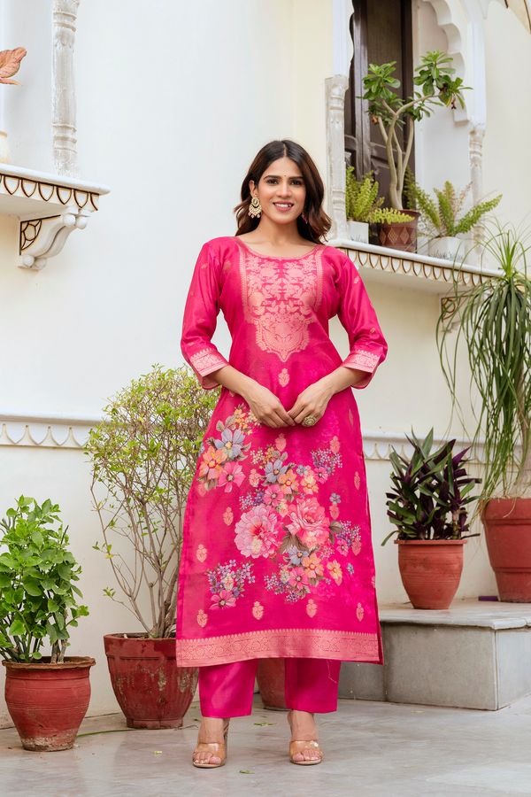 Rani Pink Floral Woven Chanderi Kurti Set Women