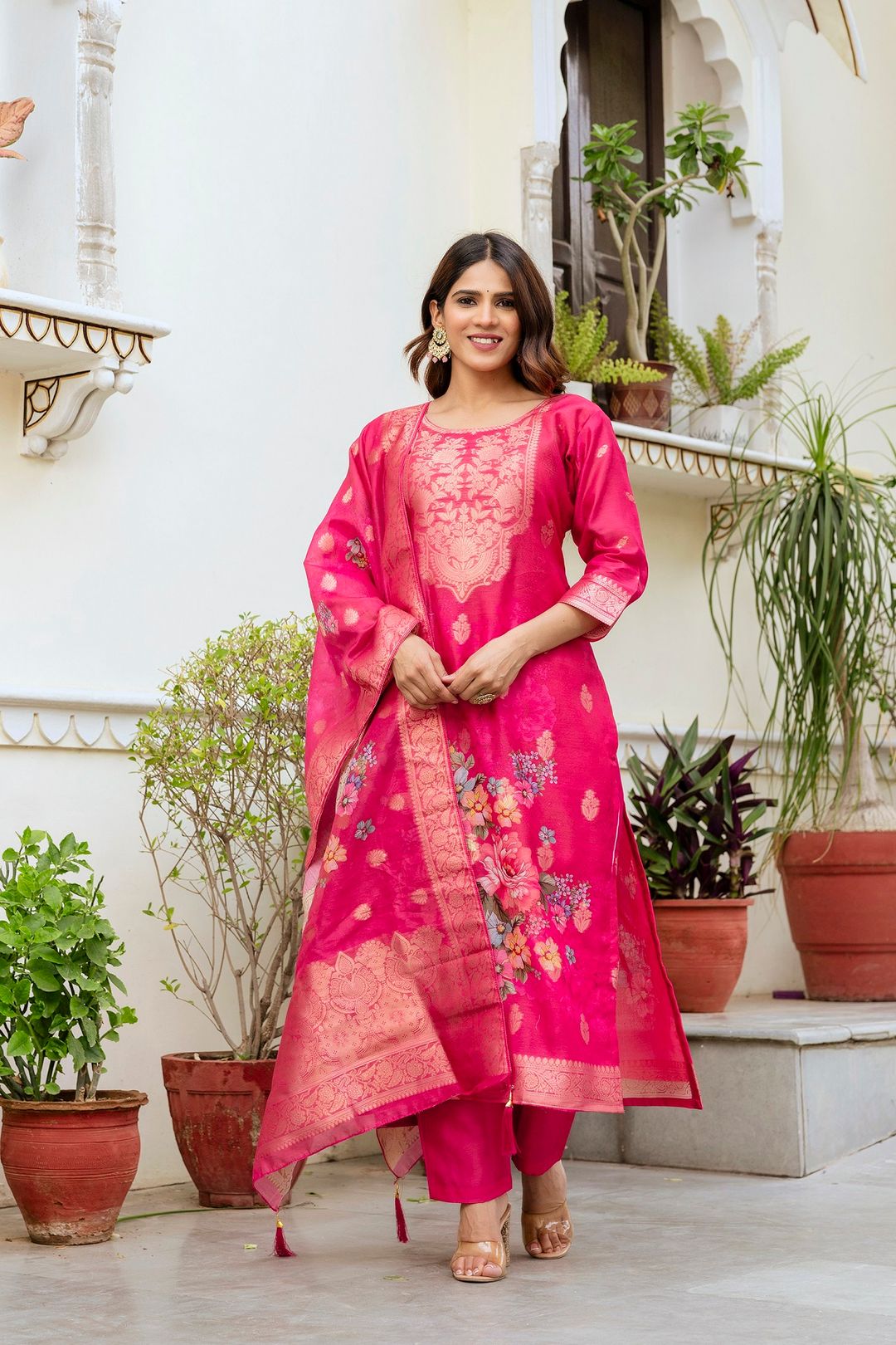 Rani Pink Floral Woven Chanderi Kurti Set Women