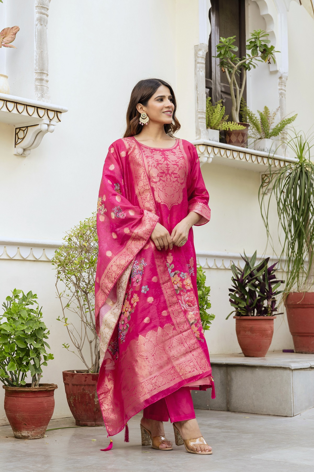 Rani Pink Floral Woven Chanderi Kurti Set Women