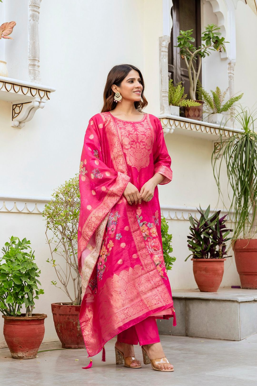 Rani Pink Floral Woven Chanderi Kurti Set Women