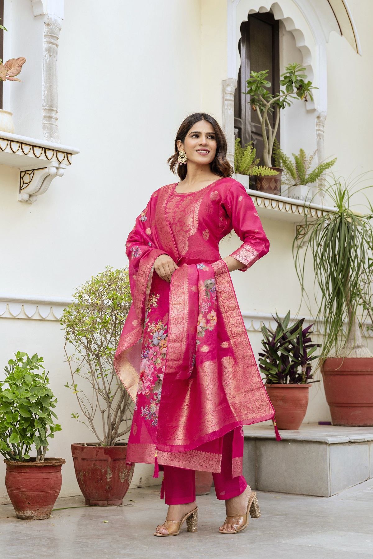 Rani Pink Floral Woven Chanderi Kurti Set Women