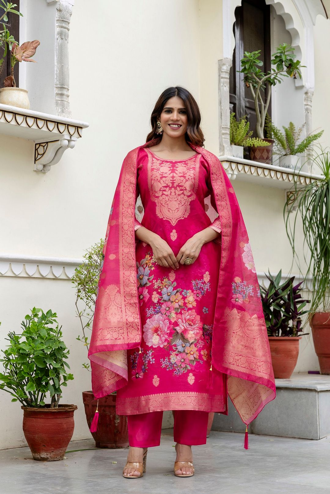 Rani Pink Floral Woven Chanderi Kurti Set Women
