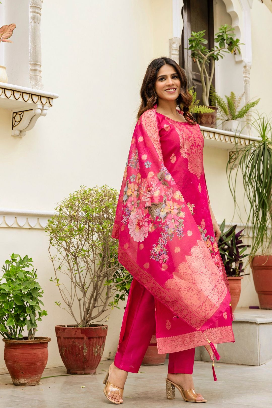 Rani Pink Floral Woven Chanderi Kurti Set Women