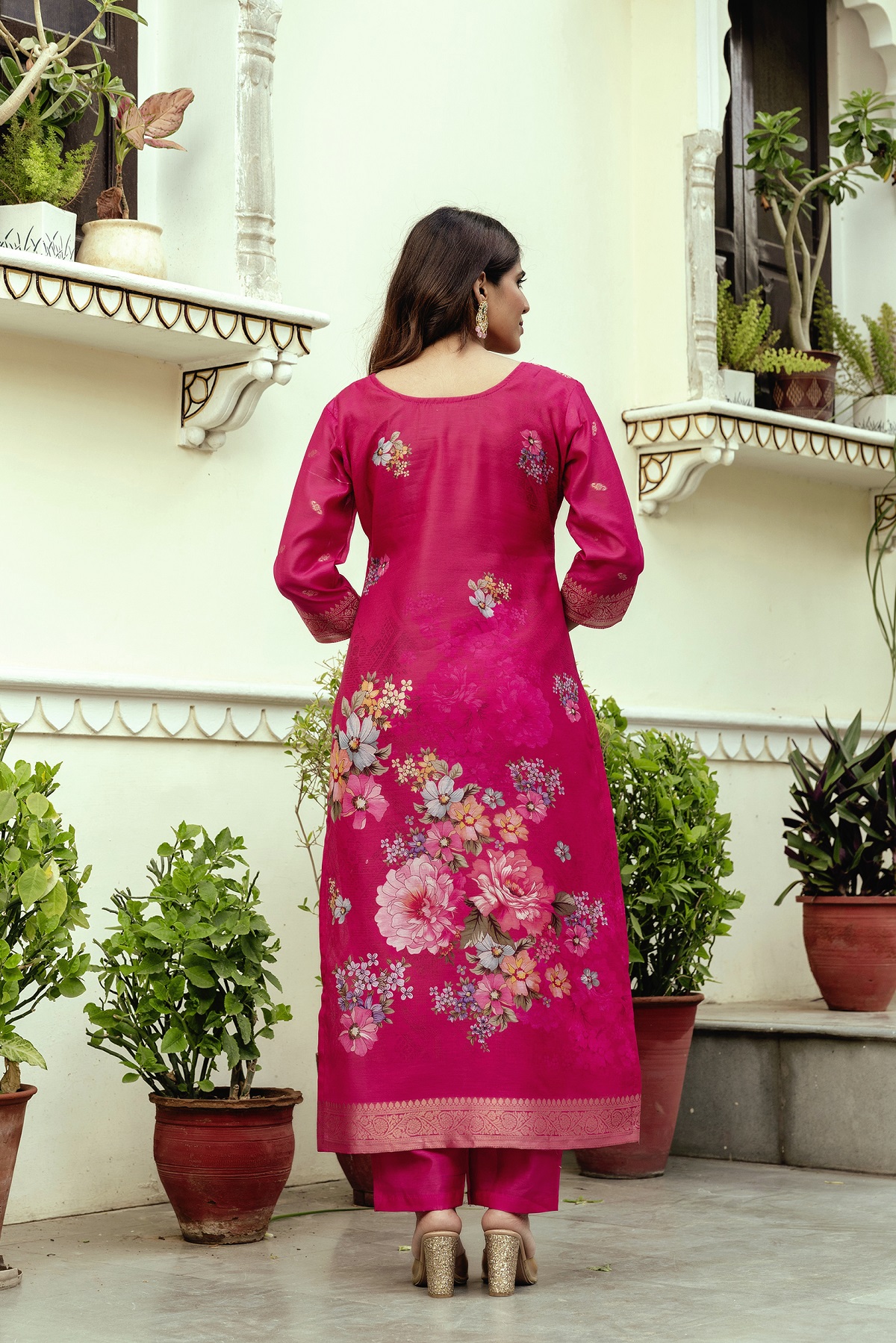 Rani Pink Floral Woven Chanderi Kurti Set Women