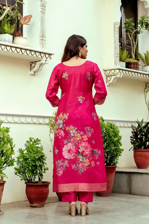 Rani Pink Floral Woven Chanderi Kurti Set Women