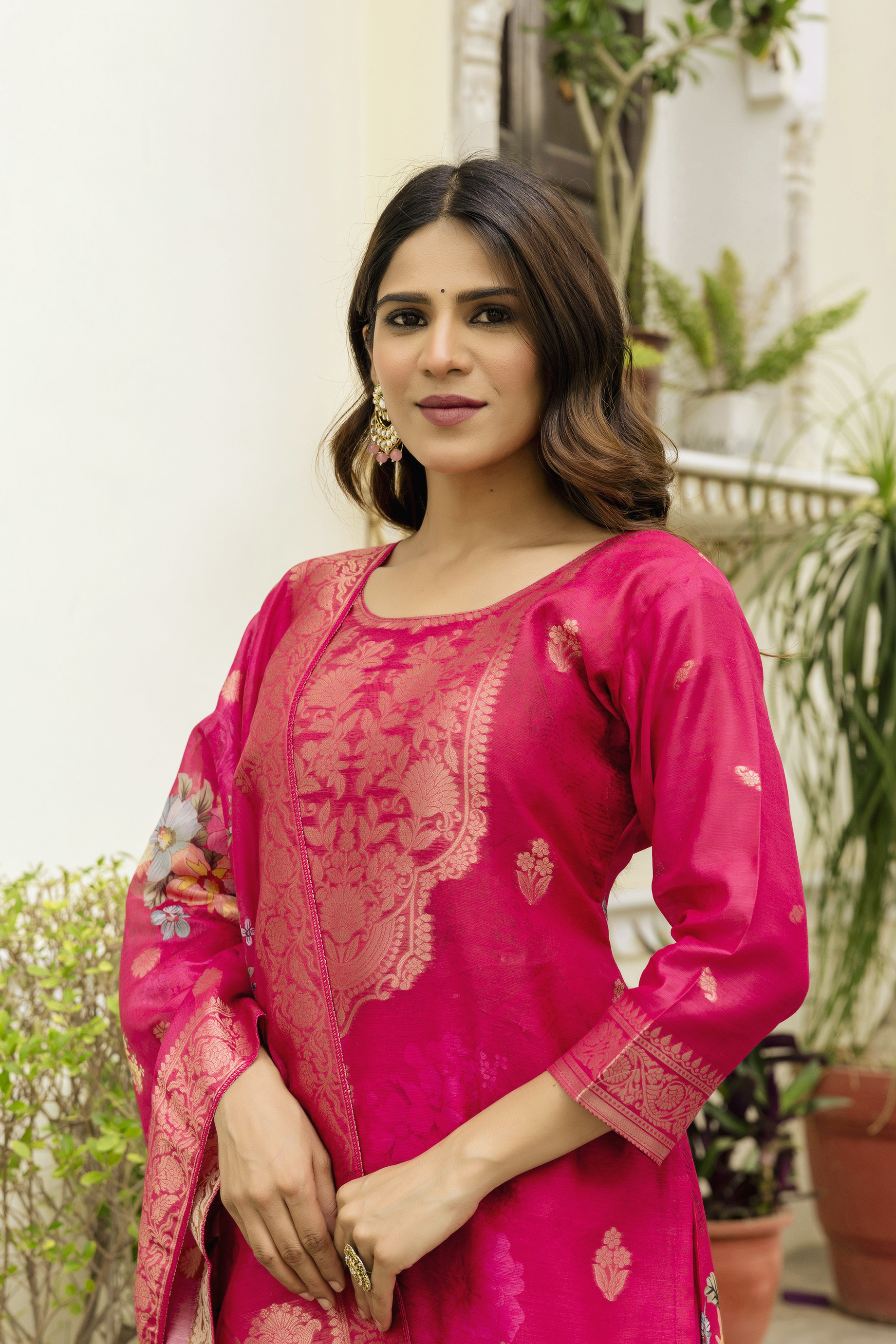 Rani Pink Floral Woven Chanderi Kurti Set Women