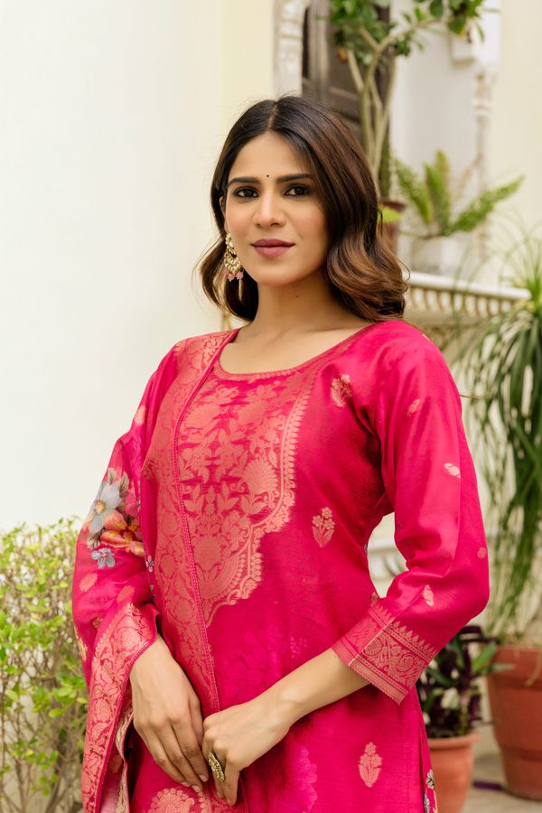 Rani Pink Floral Woven Chanderi Kurti Set Women