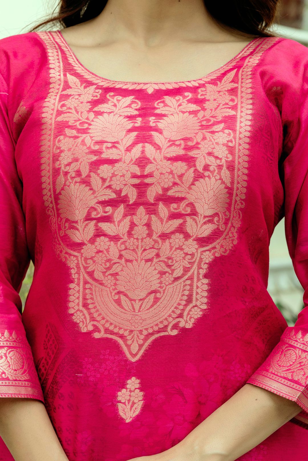 Rani Pink Floral Woven Chanderi Kurti Set Women